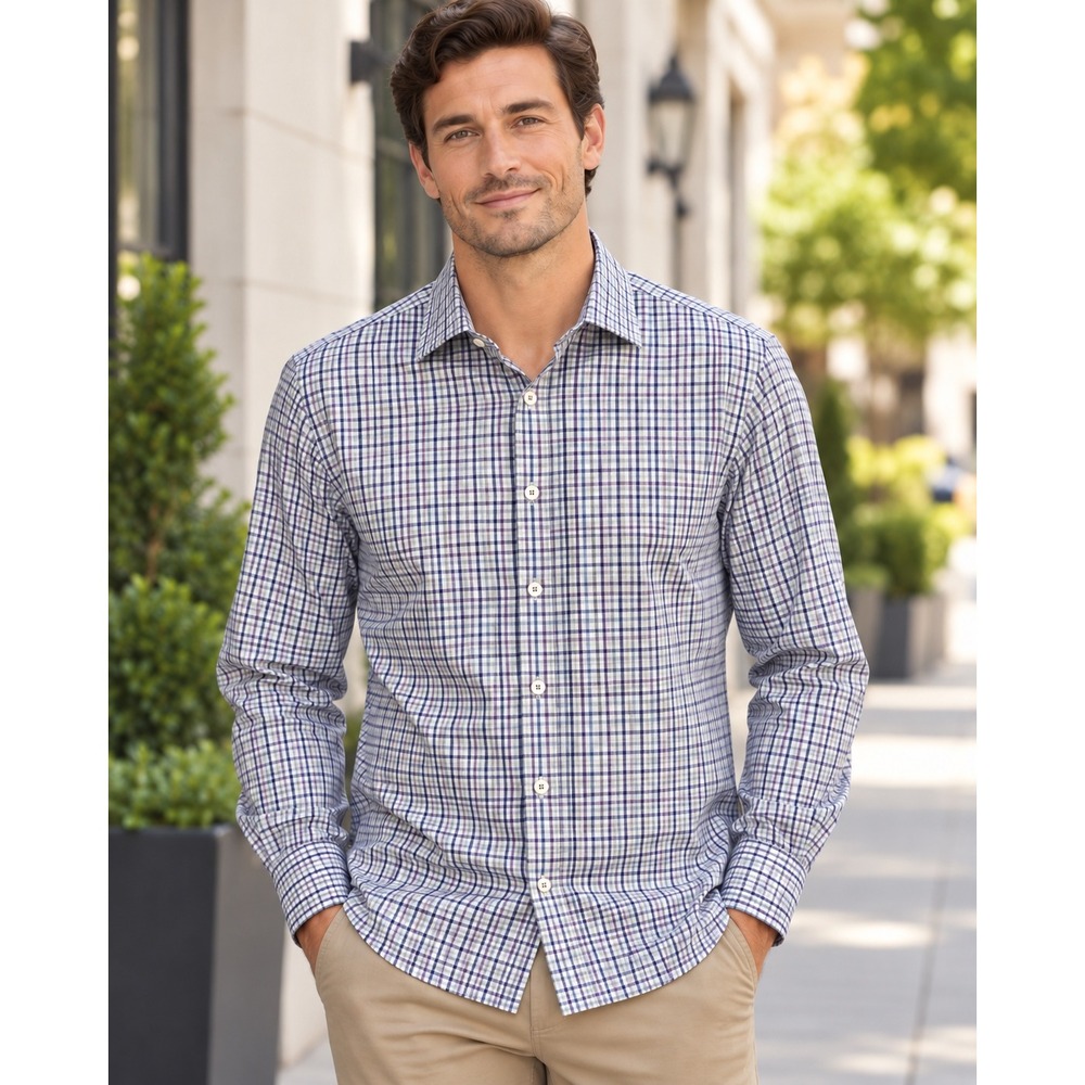 Bugatchi OoohCotton Tech Men's Sz M Plaid Stretch Button Down Shirt Blue Purple